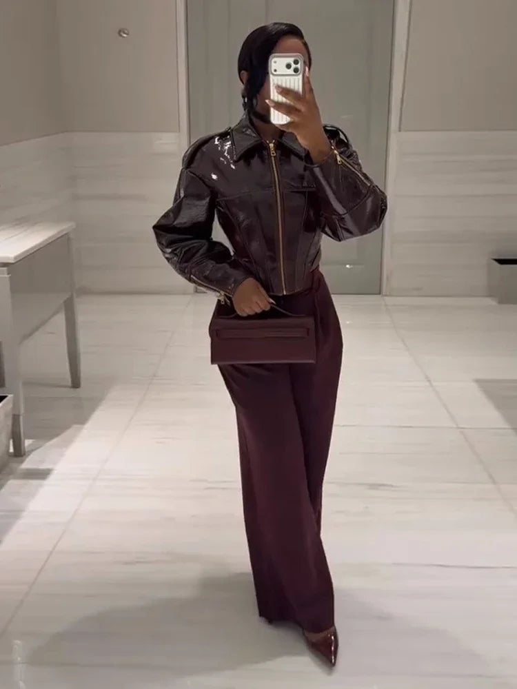 Elegant Burgundy Shiny Leather Lapel Collar Jackets Women Fashion Solid Full Sleeve Waist-cinching Outwear Lady Spring Chic Coat