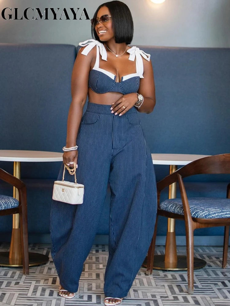 GLCMYAYA Street Women Set Striped Strapless Bow Crop Top and Long Pants 2026 Spring Party Vacation Sexy Two 2 Piece Set Outfits